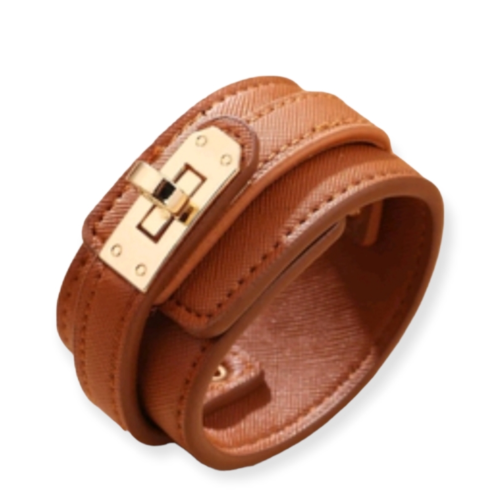 Designer inspired leather style Cognac buckle Bangle Bracelet